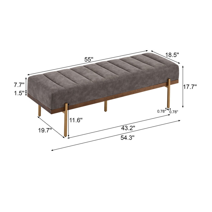 Thorian - Luxury Upholstered Ottoman Bench With Channel Tufting And Metal Base - Gold / Gray Noble House