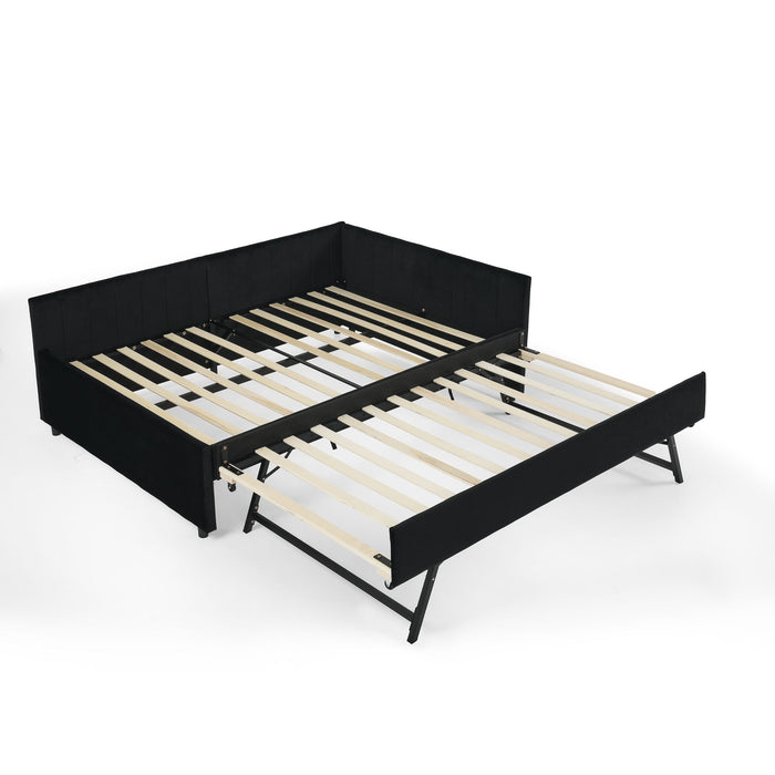 Full Size Upholstered Daybed With Trundle, Tufted Backrest And Armrests - Black Home Essentials
