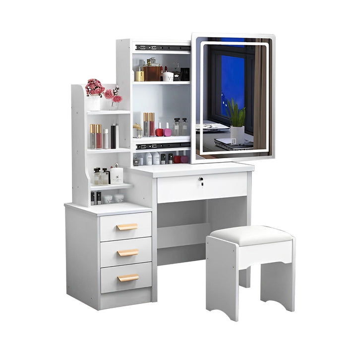 Vanity Desk With Mirror And Lights For Makeup And Chair Set With 3 Adjustable LED Lighting, 4 Drawers - White Home Essentials