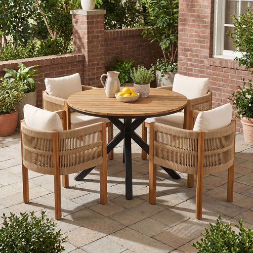 5 Piece Outdoor Dining Set With Round Table And 4 Wrapped Chairs - Black / Brown / Teak Noble House