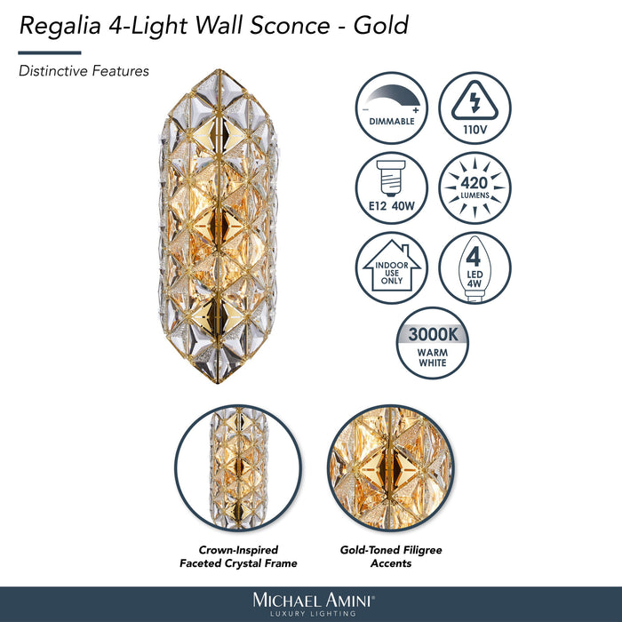 Michael Amini Lighting - Regalia 4-Light Crystal Wall Sconce - Gold Michael Amini