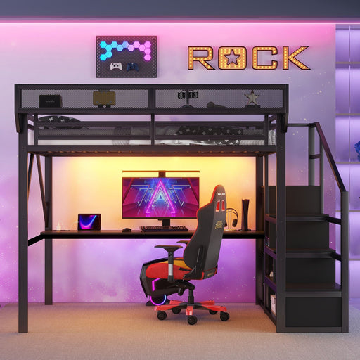 Loft Bed With Desk And Charging Station With Stairs And Light Home Essentials
