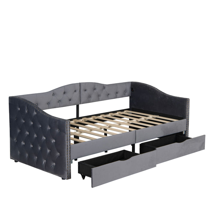 Full Size Bed Frame, Upholstered Cloud Bed Frame With Headboard, 2 Storage Drawers And 2 USB Charging Design, No Box Spring Needed - Gray Home Essentials