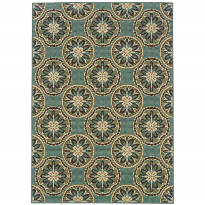 8' X 11' Floral Stain Resistant Indoor / Outdoor Area Rug - Blue / Ivory