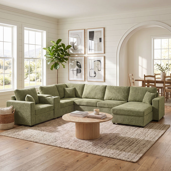 Modular 5 Seat U-Shape Sectional Sofa With Chaise Lounge, Built In Cup Holders And Storage Drawer Hearth and Haven