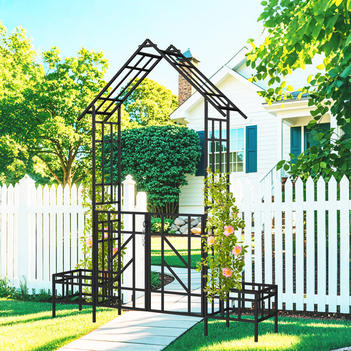 Garden Arch With Gate With Planter, Climbing Plants Support Outdoor - Black Daily Nest
