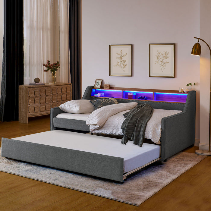 Upholstered Sofa Bed With LED Lights, Storage Headboard, Foldable Trundle & Wireless Charging Home Essentials