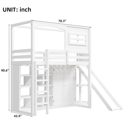 Twin Size Loft Bed With Wardrobe, Storage Shelves, Slide And LED - White Hearth and Haven
