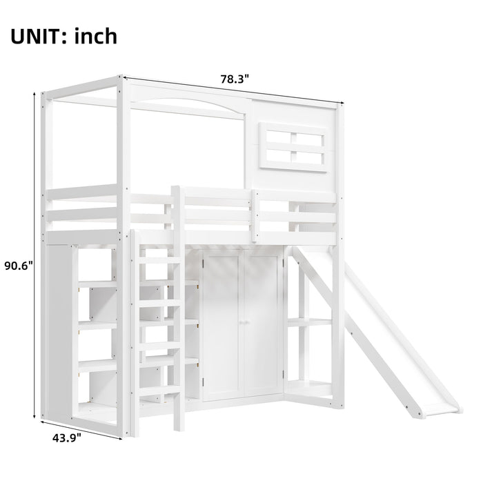 Twin Size Loft Bed With Wardrobe, Storage Shelves, Slide And LED - White Hearth and Haven
