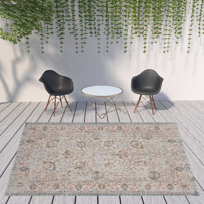 9' X 12' Floral Stain Resistant Indoor / Outdoor Area Rug - Beige