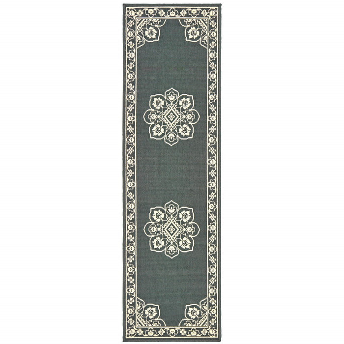 2' X 8' Oriental Stain Resistant Outdoor / Indoor Area Rug - Gray / Ivory