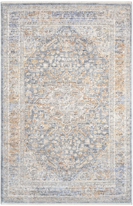 Oriental Power Loom Distressed Area Rug - Ivory And Blue - 3' X 5'
