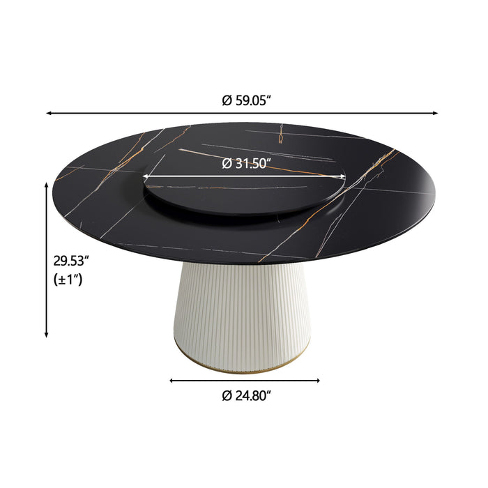 Modern Artificial Stone Round Plywood Base Dining Table, Can Accommodate 8 People Artificial Stone Turntable (Not Including Chairs) - Black / Beige