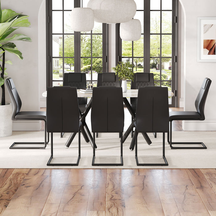 1 Table And 8 Chairs Set, A Rectangular Dining Table With A 0.39" Imitation Marble Tabletop And Black Metal Legs, Paired With 8 Chairs With PU Seat Cushion And Metal Legs - Glass / Metal