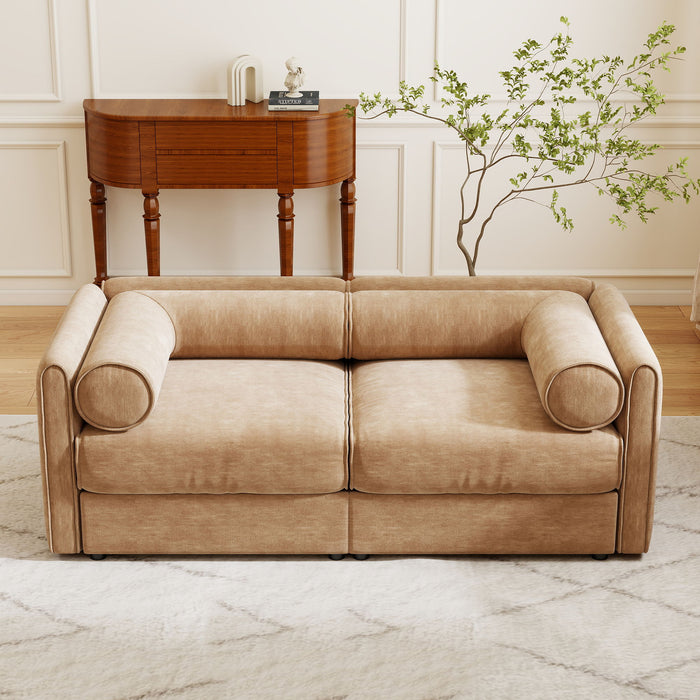 Stylish Chenille Sofa With Storage Seat And Cylindrical Backrest
