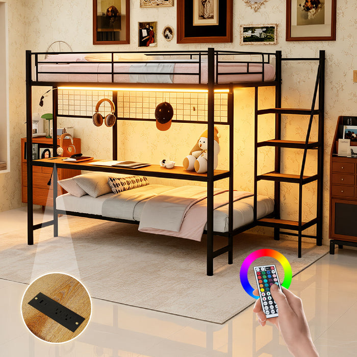 Bunk Bed With Built In Desk And LED Lighting Home Essentials