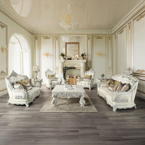 Adara - Sofa With 7 Pillows - Pearl White Synthetic Leather & Antique White ACME