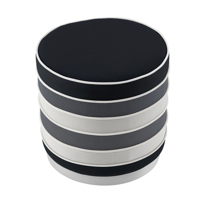 Velvet Round Striped Ottoman - Black / Silver