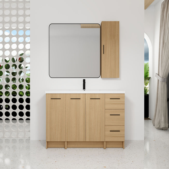 Freestanding Bathroom Vanity Set With Tall Side Cabinet, 3 Drawers And 3 Door Cabinet, Integrated Sink, Large Storage - Glossy White / Light Oak Home Essentials
