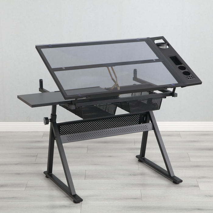 Black Adjustable Tempered Glass Drafting Printing Table With Chair