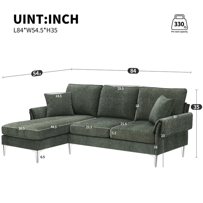 Modern Chenille L-Shaped Sofa With Reversible Lounge, Convertible Sectional Couch Set, 4 Seat Indoor Furniture With Reversible Chaise, Fit For Living Room, Apartment (2 Pillows)