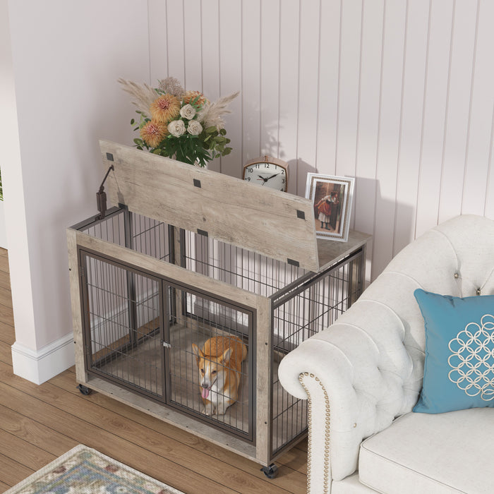 Furniture Style Dog Crate Side Table On Wheels With Double Doors And Lift Top.Gray