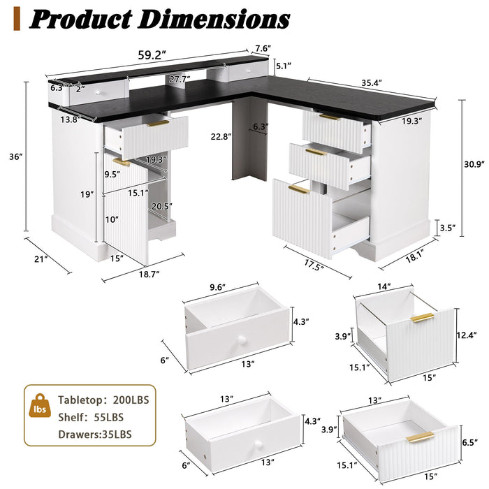 Fluted L-Shaped Desk With Charging Station & Storage Cabinet Home Essentials