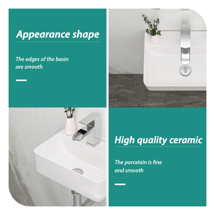 14.5X10" White Ceramic Rectangle Wall Mount Bathroom Sink With Single Faucet Hole