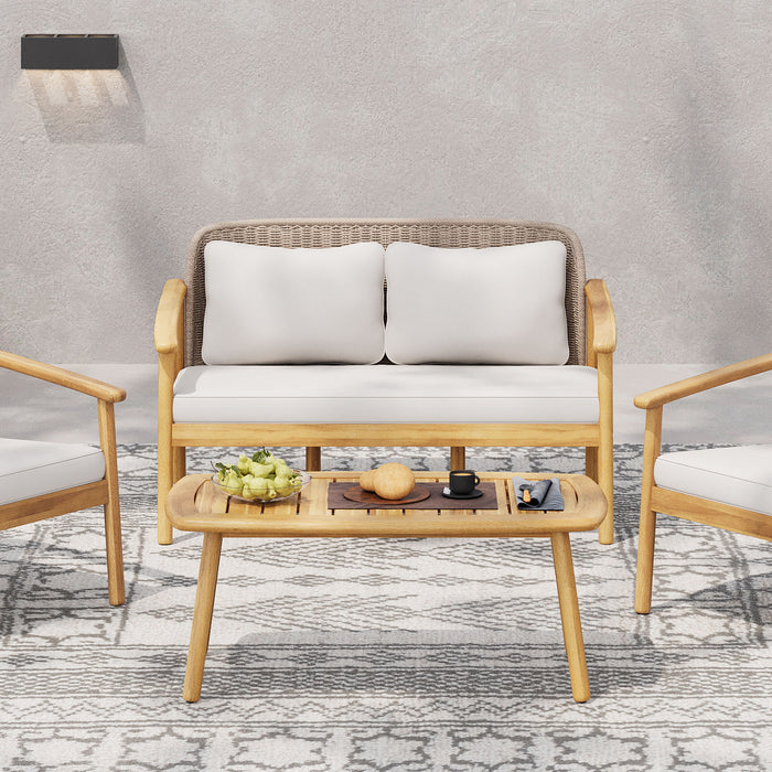 2 Piece Outdoor Acacia Wood Conversation Set, Woven Rope Backrest Patio Seating Group, Woven Rope With Coffee Table For Porch - Light Teak / Beige