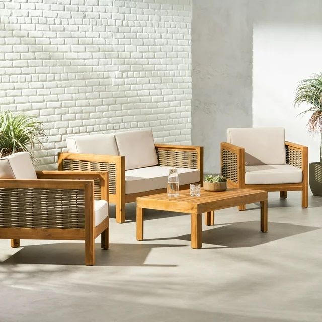 Outdoor 4 Seater Acacia Wood Chat Set With Wicker Accents And Cushions, Teak Finish / Mixed Brown / Beige