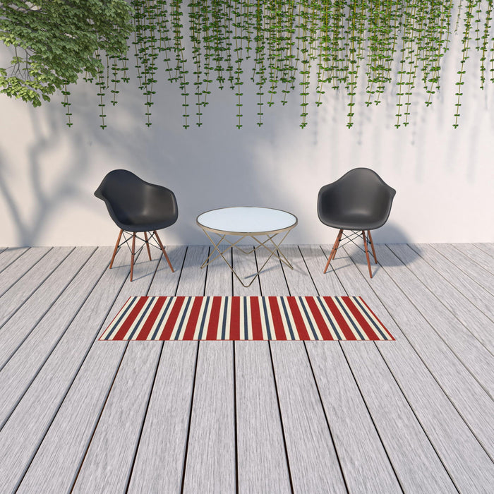 2' X 8' Geometric Stain Resistant Outdoor / Indoor Area Rug - Red / Ivory