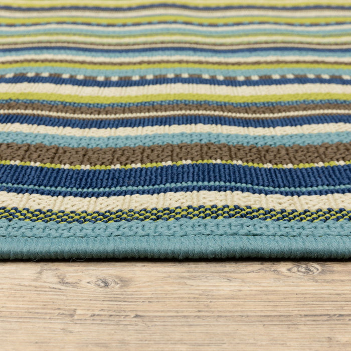 5' X 8' Striped Stain Resistant Indoor / Outdoor Area Rug - Blue / Green