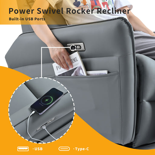 Power Swivel Rocker Recliner Chair, 270° Swivel Rocking Recliner Chair, Electric Small Recliners For Small Spaces, Single Sofa Recliner For Living Room - Blue / Gray Home Essentials