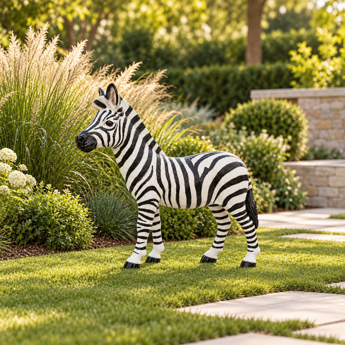 Standing Zebra Garden Statue, Animal Sculpture With 2 Ground Stakes For Outdoor Decor - Black White Daily Nest