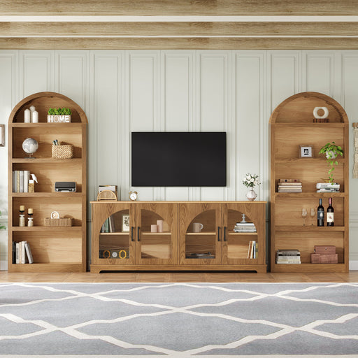 3 Piece TV Stand Set With Bookshelf With Arched Design For Living Room - Brown Hearth and Haven