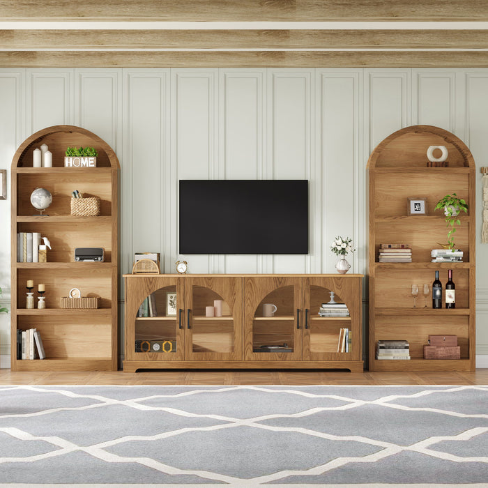 3 Piece TV Stand Set With Bookshelf With Arched Design For Living Room - Brown Hearth and Haven