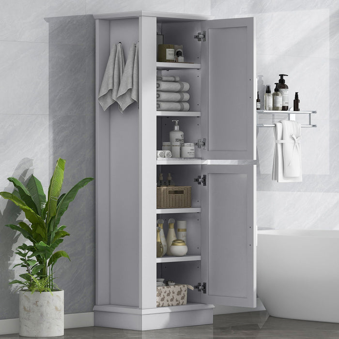 Tall Freestanding Bathroom Storage Cabinet With Adjustable Shelves And Side Hooks Hearth and Haven