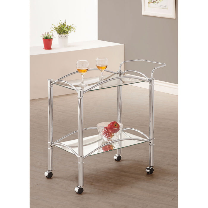 Porch & Den - 2 Tier Rectangular Glass Shelf Bar Cart With Glass - Chrome Furniture Max
