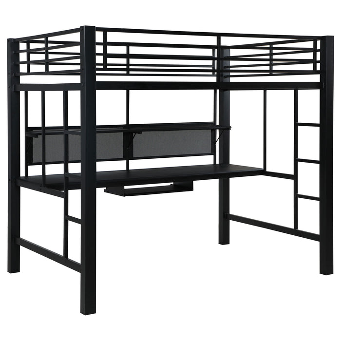 Ranier - Full Workstation Loft Bed, Full Length Desk, Safety Rails And Storage Shelves - Black Furniture Max