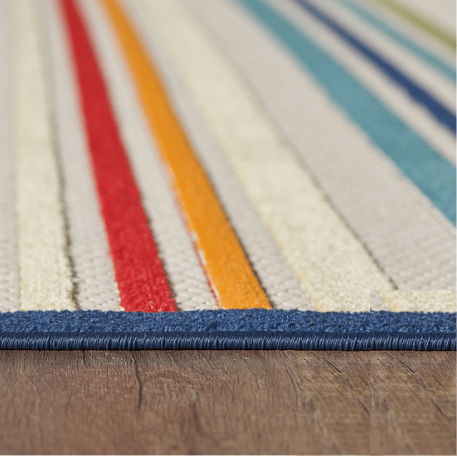 8' Round Round Striped Stain Resistant Indoor / Outdoor Area Rug - Ivory / Blue