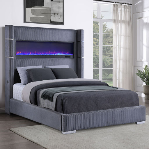 Haven - Upholstered Queen Bed With Integrated Flame Box - Gray Furniture Max
