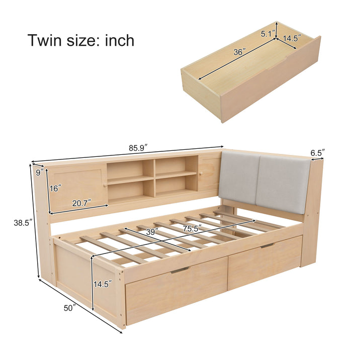 Twin L - Shaped Daybed With Storage Bookcase, Upholstered Headboard, USB Charging Ports & Hidden Drawers - Natural Hearth and Haven