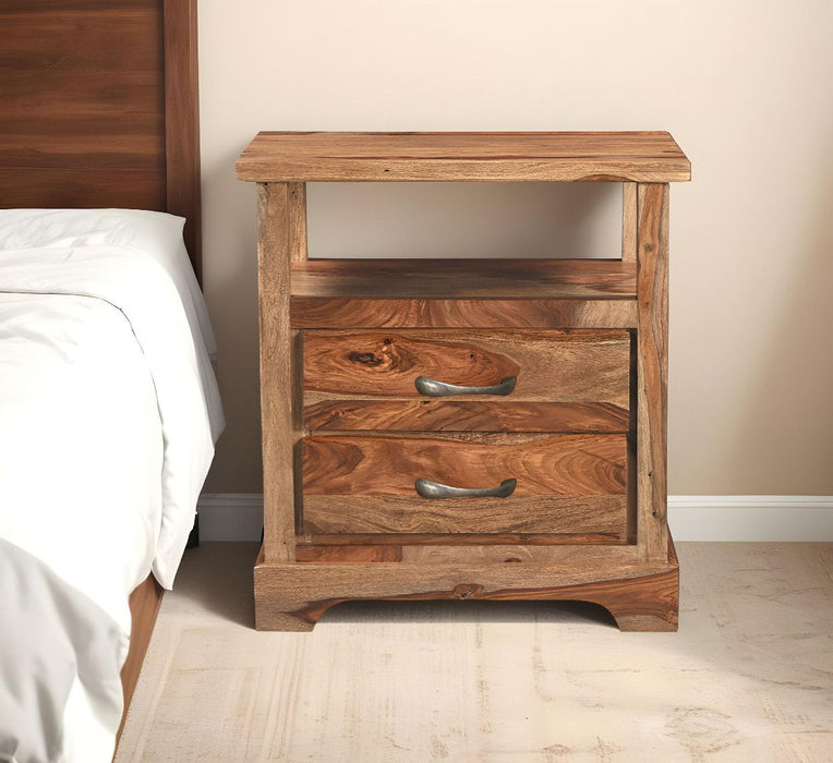 27" Two Drawer Solid Wood Nightstand - Brown