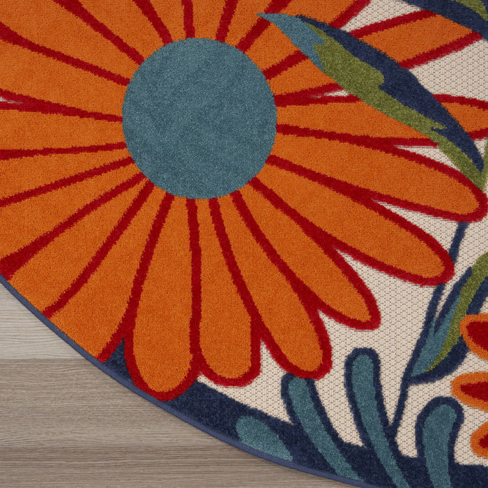 8' Round Floral Power Loom Rug - Orange / Blue