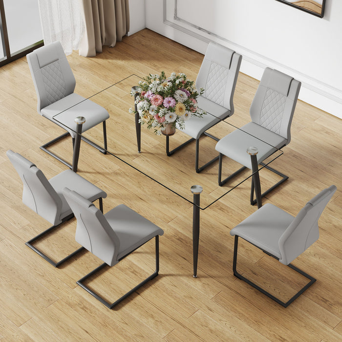 1 Table And 6 Chairs Set, Rectangular Table With Transparent Tempered Glass Tabletop And Black Metal Legs, Paired With 6 Chairs With PU Leather Cushioned Seats And Black Metal Legs