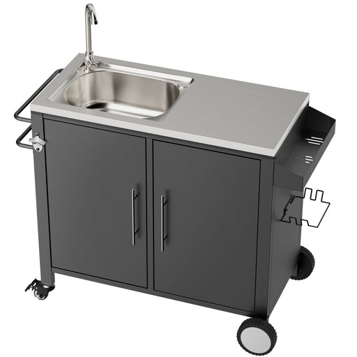 Outdoor Grill Table With Sink, Grill Cart With Sink And Cabinet With Wheels - Black / Silver Daily Nest