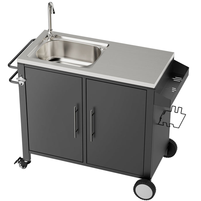 Outdoor Grill Table With Sink, Grill Cart With Sink And Cabinet With Wheels - Black / Silver Daily Nest