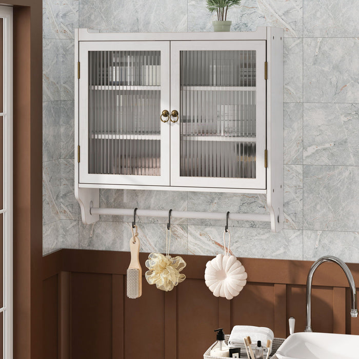Vintage Double Door Wall Cabinet With Three Tiers Storage And Towel Rack - White Washed Home Essentials