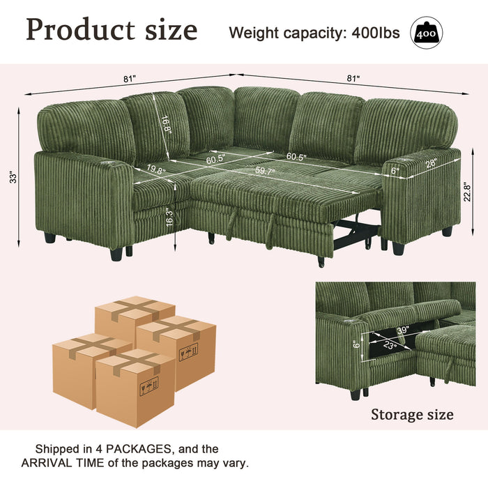 L-Shaped Sofa With Pull Out Sofa Bed With USB Home Essentials