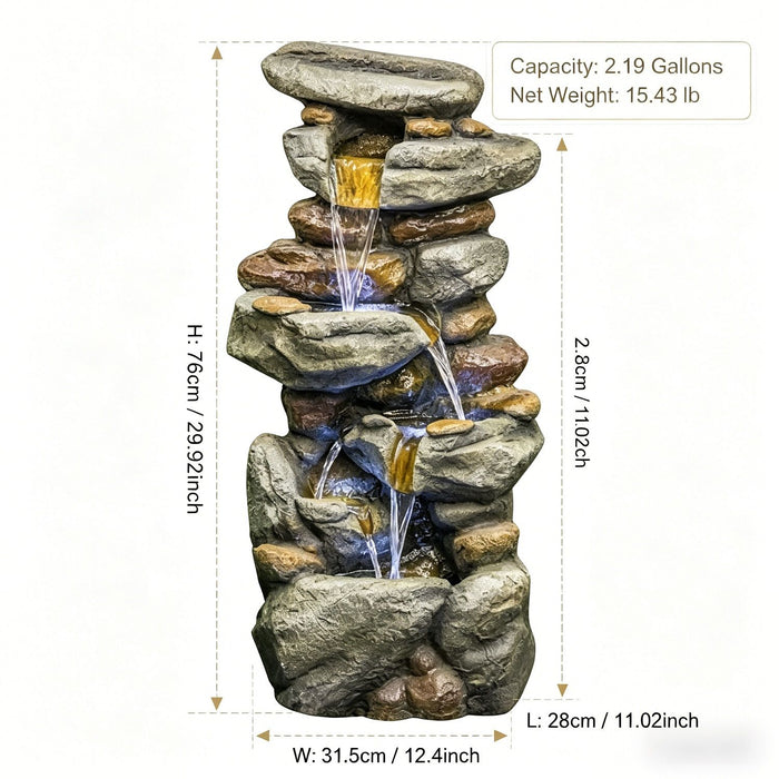 Stacked Rock Waterfall Fountain With LED Lights For Garden - Gray Daily Nest